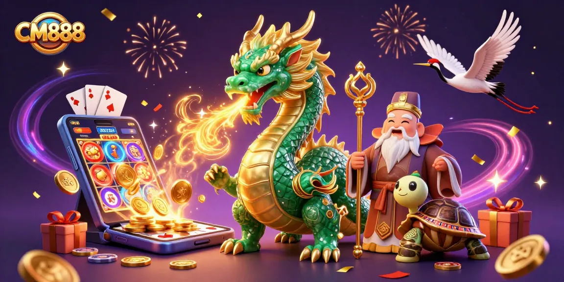 Engage in thrilling gaming action with CM888 as an emerald jade dragon, turtle sage, and lucky cranes animate the casino scene.