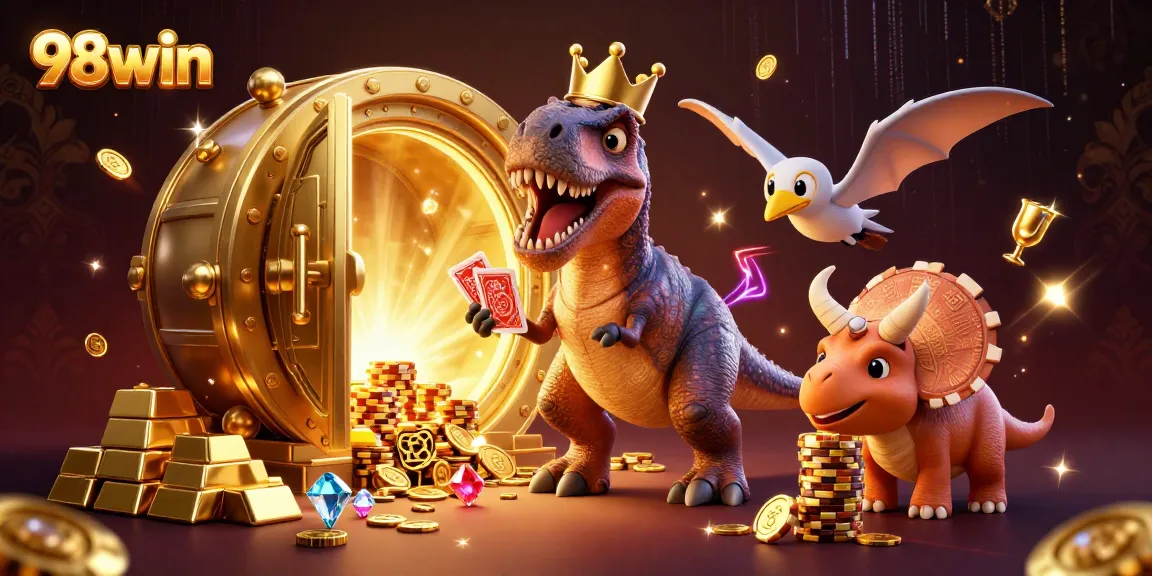 Experience thrilling gaming with 98win's vibrant casino characters and shimmering treasures.