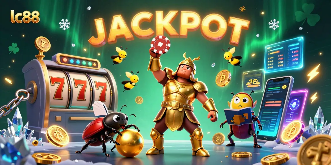 Experience an exciting jackpot scene with lc88, featuring a victorious beetle and glowing crypto elements.