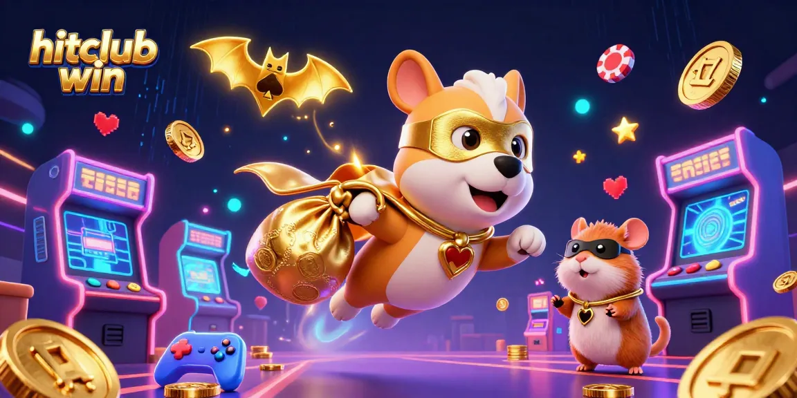 Experience hitclub win with this vibrant 3D illustration featuring a superhero dog and hamster amidst dynamic casino elements.