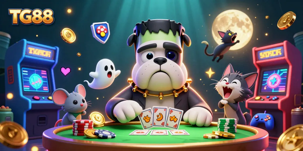 Engage in casino excitement with TG88: a whimsical scene featuring a Frankenstein bulldog dealing cards.
