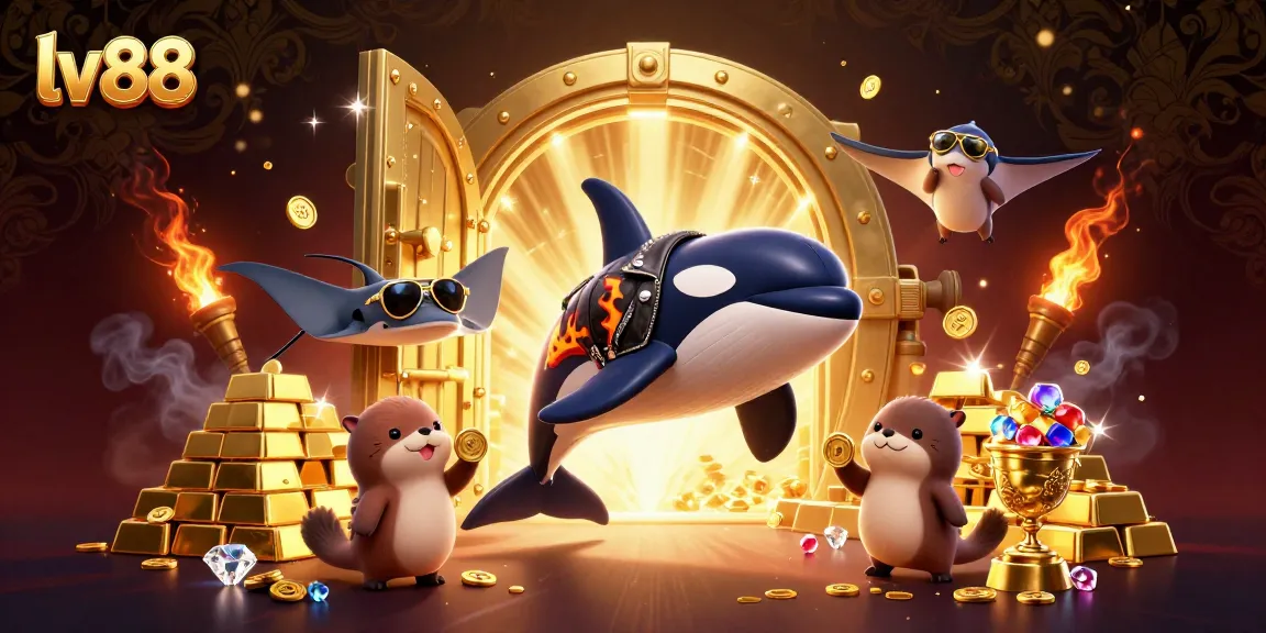 Play and win at lv88 with an exciting scene of characters celebrating around a treasure vault