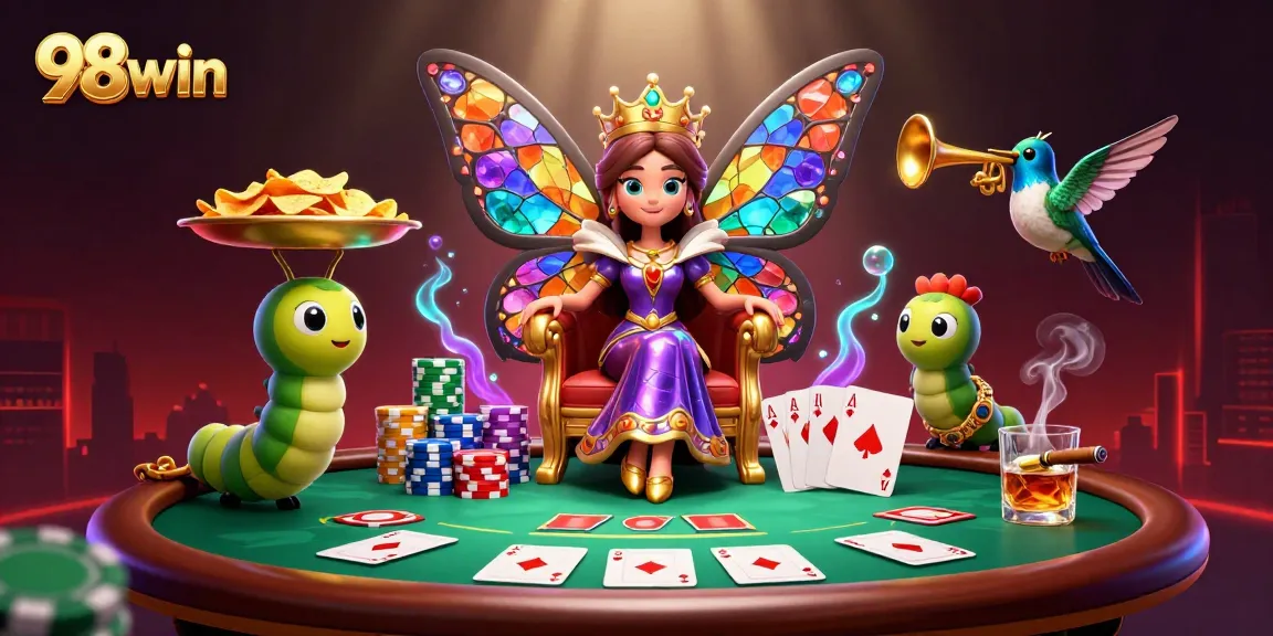 Experience the vibrant world of 98win with a dazzling butterfly queen and poker action surrounding her.