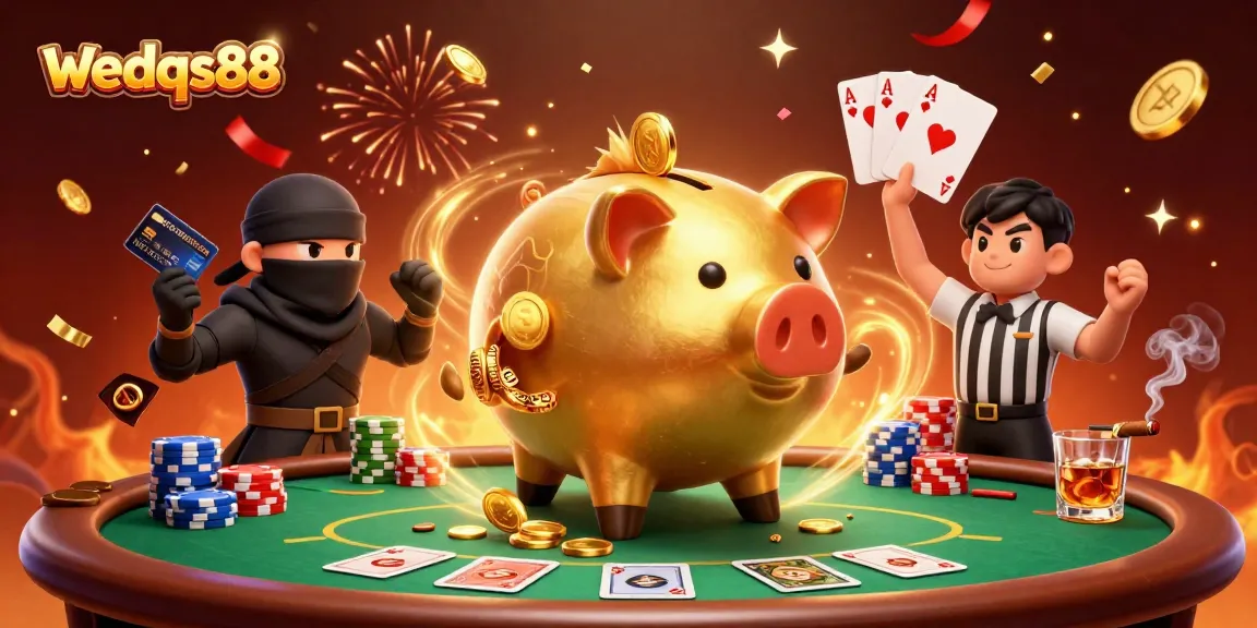 Join the exciting fun at wedqs88 as a golden piggy bank sumo wrestler shakes coins in this casino scene.
