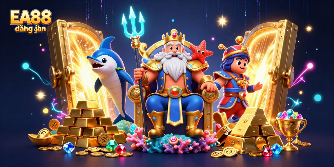 Experience EA88 đăng nhập with Neptune, surrounded by treasures and dynamic casino elements in a vibrant setting.